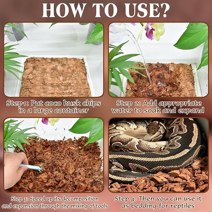 ZeeDix 10LBS Coconut Husk Chip Substrate for Reptiles, 72QT Compressed Organic Coco Coir Chips for Snake Habitat, Reptile Bedding for Ball Python, Tortoises, Geckos, Lizards Terrarium Tanks