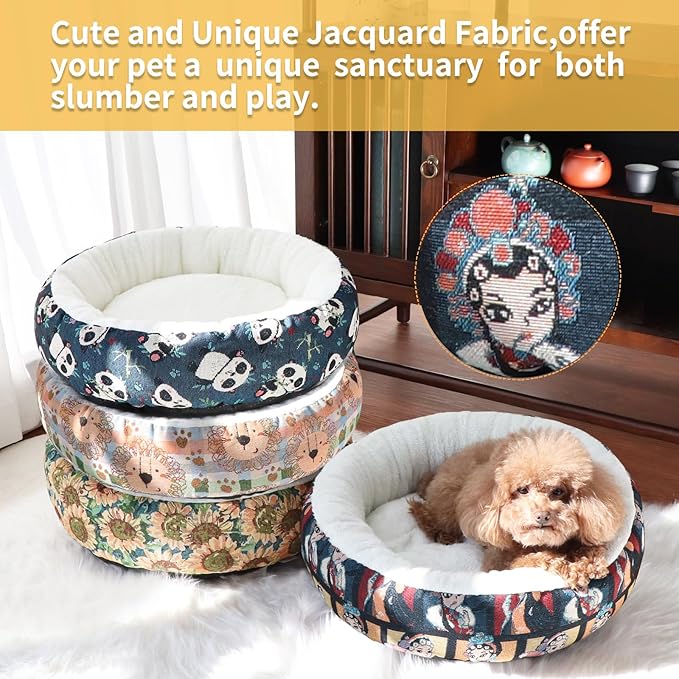 Circular Calming Dog & Cat Bed Anti-Anxiety Washable with Anti Slip Backing Donut Cuddler with Cute Jacquard Patterns for Cat and Small Puppy (XS-20in, Peking Opera)