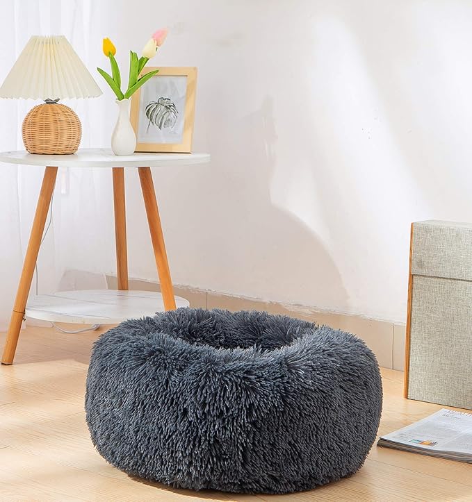 Calming Cat Bed, Soft Round Cuddler Dog Beds Fluffy Plush Faux Fur Pet Beds, Anit-Anxiety Self-Warming Comfy (20", Dark Grey)