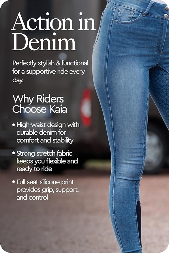 HORZE Kaia Womens Denim Horse Riding Pants | High Waist Silicone Full Seat Breeches | Accurate Size Chart