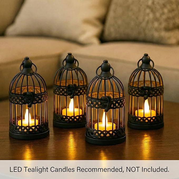 VELA LANTERNS 6" Birdcage Decor Candle Holder Lantern Decorative Table Centerpiece Halloween Decorations, Black, Small, Set of 4