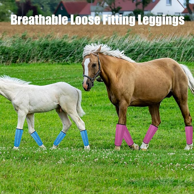Mesh Horse Fly Boots Set of 4, Breathable Loose Fitting Leggings for Horses, Reduces Stomping & Fatigue, Leg Fly Protection (Rose red)