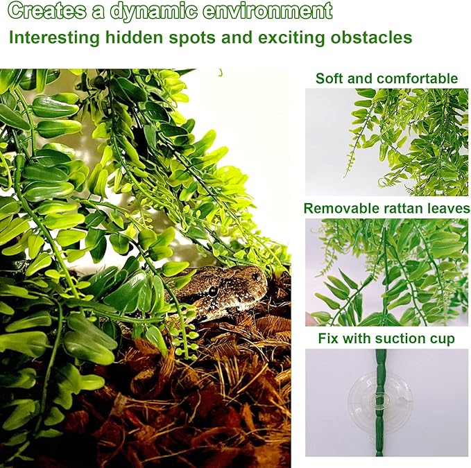 kathson Reptile Corner Branch Climbing Wood & Hanging Fake Plants,1 Reptile Branches & 2 Terrarium Plastic Plant, Bearded Dragons Tank Decor for Amphibians, Lizards, Geckos, Snakes, Frogs, Hermit Crab