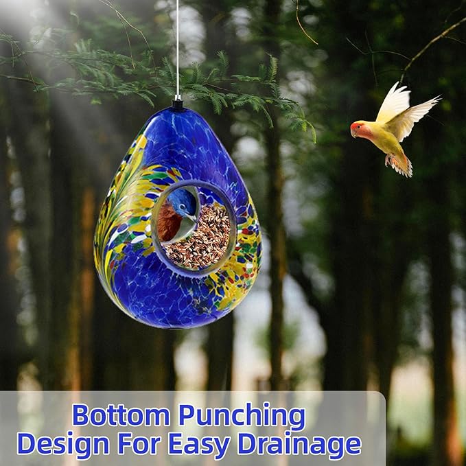 VOREEN Glass Bird Feeder, Fly Through Bird Feeders for Outdoor Hanging, Handmade Glass Wild Bird Feeder, for Garden, Yard, Backyard, Deck and Porch Decor, Gift for Mom Wife Friend, Blue Teardrop