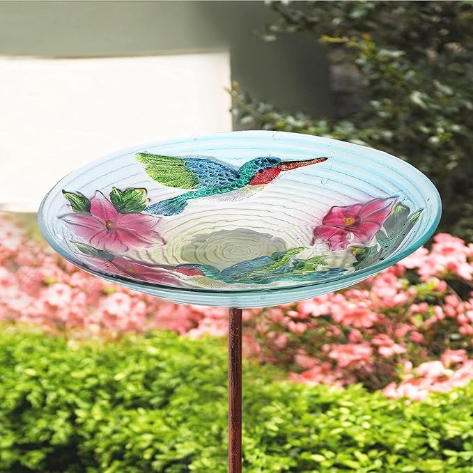 MUMTOP Glass Bird Bath, Garden Outdoor Birdbaths Birdfeeder with Metal Stake Hummingbird