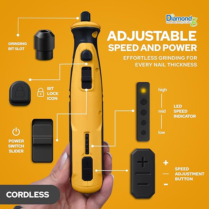 Diamondg Cordless Dog Nail Grinder with Quiet Sound & LED Tip for Large & Small Dogs, 4hrs. Runtime - Electric Dog Nail Trimmer, Heavy Duty Rotary Tool Alternative to Toenail Clippers & Filers