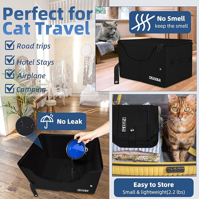 Petskd Portable Travel Litter Box for Cats with Lid and 10 pcs Liner Bags, Light Weight, Leak-Proof and Higher Sides for Road Trips, Hotel Stays, Car Travel(Black)