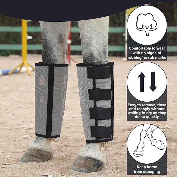 Horse Fly Boots Set of 4 - Non-Slip Leg Guards Extra Tough Mesh Ventilated, Adjustable Horse Fly Leggings Reduce Stomping & Hoof Stress & Leg Fatigue Grey Medium