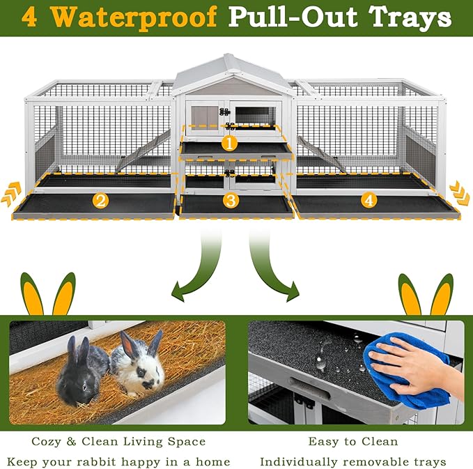 PetsCosset Double Rabbit Hutch Outdoor Indoor Large Bunny Cage with Dual Side Runs, 2-Story Wooden Hutch with 4 Leak Proof Trays, 8 Wheels, Waterproof Roof, Ramp, for Small to Medium Animals