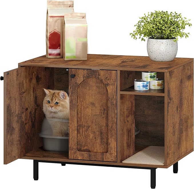 Cat Litter Box Enclosure Enclosed, Hidden Litter Box Cabinet Furniture with Storage, Wooden Indoor Cat House Large, Modern End Table for Living Room Entryway, Rustic Brown and Black CB01501B