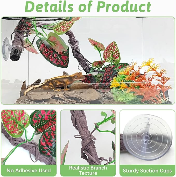 VCEPJH Reptile Climbing Branch Decor 2 Pcs Bendable Jungle Vine with Suction Cup Terrarium Plant Decoration for Gecko Bearded Dragons, Snake,Frogs, Chameleons Cage Accessories (I)