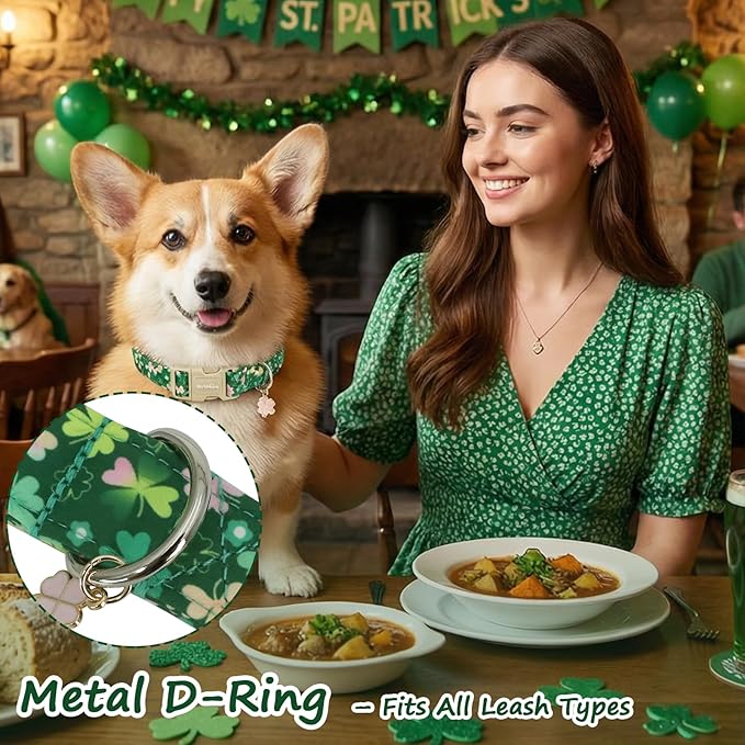 St. Patrick's Day Dog Collar,Green Clover Lucky Shamrock Puppy Collar,Adjustable Spring Cotton Collars Gifts for Small Medium Large Dogs,Dog Accessories XS