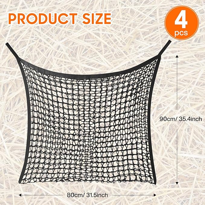4 PCS Slow Feed Hay Net, Hay Bags for Horses with Large Capacity, Horse Feed Bag Easy to Hang, Hay Nets for Horses for Horse Feeder Full Day Feeding Horses Goat Stall Trailer (31.5" x 35.1")