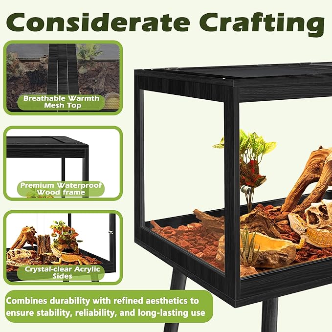 Prolee Bearded Dragon Tank with Leg Stand,Wooden Lizard Tank,Reptile Tank with Metal Mesh Roof Door, Acrylic Panel Snake Tank with Lock Design,Black,24"x16"x16"