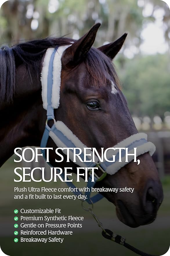 Equinavia Valkyrie Ultra Fleece Breakaway Horse Halter | Padded Fleece Adjustable Safety Halter with Nylon Webbing - Forever Blue/White - Warmblood
