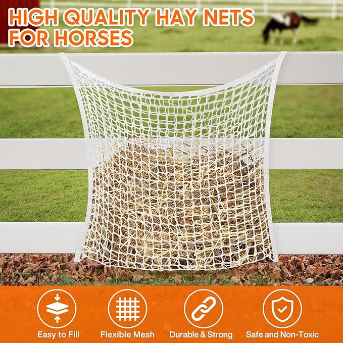 2 PCS Slow Feed Hay Net, Hay Bags for Horses with Large Capacity, Horse Feed Bag Easy to Hang, Hay Nets for Horses for Horse Feeder Full Day Feeding Horses Goat Stall Trailer (31.5" x 35.1")
