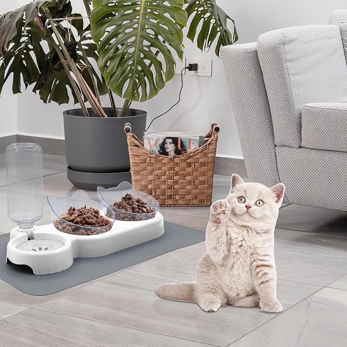 Triple Cat Bowls with Water Dispenser, Pet Whisker Friendly Water and Food Bowl Set with Non-Slip Mat, 15° Tilted Double Feeding Bowls, Elevated Wet and Dry Food Dish for Kitten&Small Dog (White)