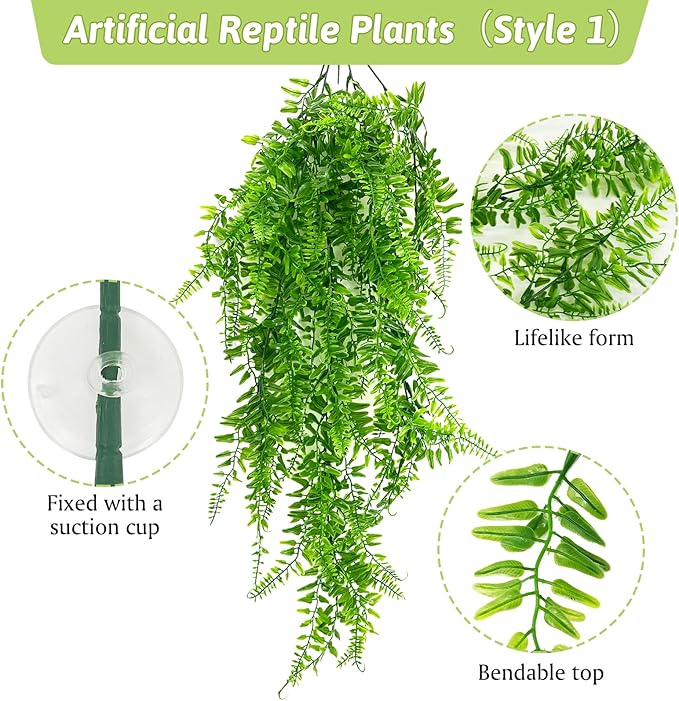 Hamiledyi 5 Pcs Reptile Plants Terrarium Hanging Fake Plant Leaves, Bearded Dragon Tank Accessories, Habitat Decor for Snake Leopard Gecko Lizard Chameleon Spider Turtle (Style 2)