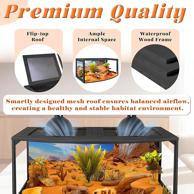PROLEE Bearded Dragon Tank, Curved Reptile Enclosure with 3-Side Clear Acrylic Panels, Spacious Lizard Tank with Metal Mesh Top and Lockable Door for Reptile Habitat (Black, 32" Length,34 Gallons)