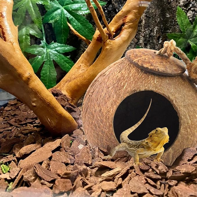 Crested Gecko Coconut Hide Natural Lizard Coco Hut Reptile Hanging Nest Flexible Vine Habitat Decoration Bearded Dragon Terrarium Accessories for Chameleon Tree Frog Snake Hermit Crab