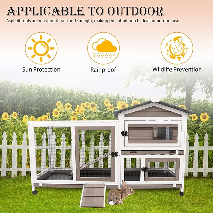 PetsCosset 57" L Rabbit Hutch Indoor Outdoor 2 Story Large Bunny Hutch with Run Guinea Pig Cage Wooden Rabbit Cage with Removable 3 Pull Out Trays Pet House for Small-Medium Animals