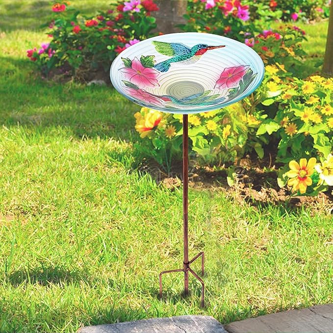 MUMTOP Glass Bird Bath, Garden Outdoor Birdbaths Birdfeeder with Metal Stake Hummingbird