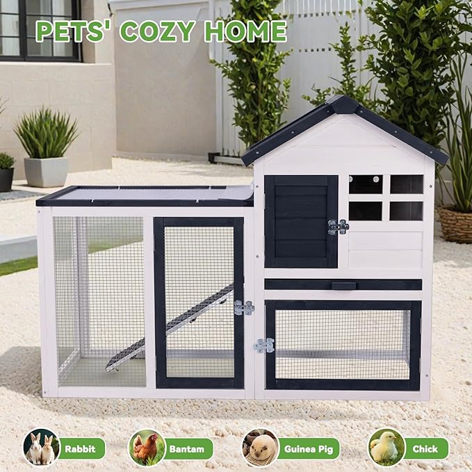Rabbit Hutch Bunny Cage Indoor/Outdoor, Small Chicken Coop, with Metal Mesh Floor & Removable Tray, Secure Sliding Door, Chew-Resistant Rug Ramp