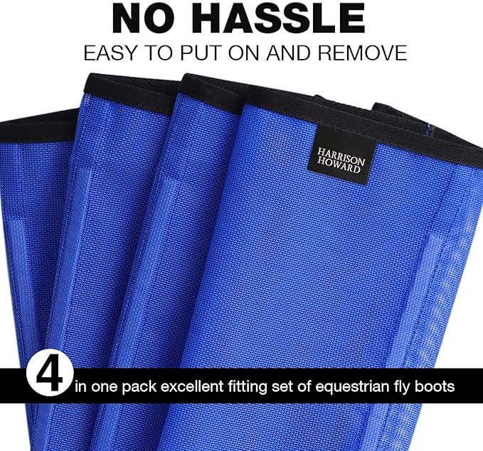 Harrison Howard Loose-Fitting Horse Fly Leggings Breathable, Tear-Resistant Fine Mesh Leg Guards Stay-on Comfortable Fly Boots (Set of 4) Blue Medium