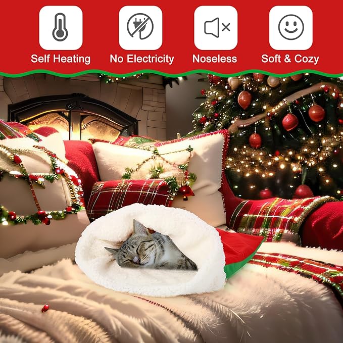 Self Heating Cat Sleeping Bag Indoor Self Warming Cat Bed Cave Heated Pad Cozy Soft Winter Washable Wrap Pet Snuggle Sack Pouch for Puppy Dog Kitten, 24 x 21 Inch (Festive,Red and Green)