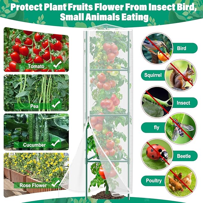 3 Pack Garden Bird Netting Plant Cover for Triangle Tomato Cage, 48"x13" Insect Bird Barrier Tomato Cage Net with Zipper & Drawstring, Tomato Trellis Netting Protection Cover for Protecting Plants