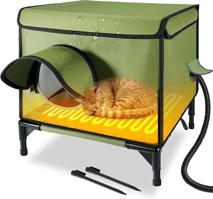 Outdoor Heated Cat House in Winter for Outside, Extremely Insulated & Weatherproof, Elevated Feral Cat Shelter with Waterproof Eaves & Escape Door for Outside Stray Barn Cat Green