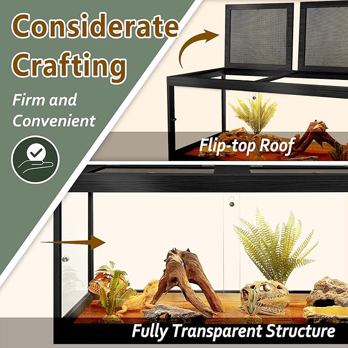 PROLEE Bearded Dragon Tank,28 Gallon Tempered Glass Reptile Tank with Mesh Roof and Front Sliding Door, Anti-Scratch Lizard Tank,Spacious Reptile Enclosure for Snakes,Lguanas, Chameleons(Black)