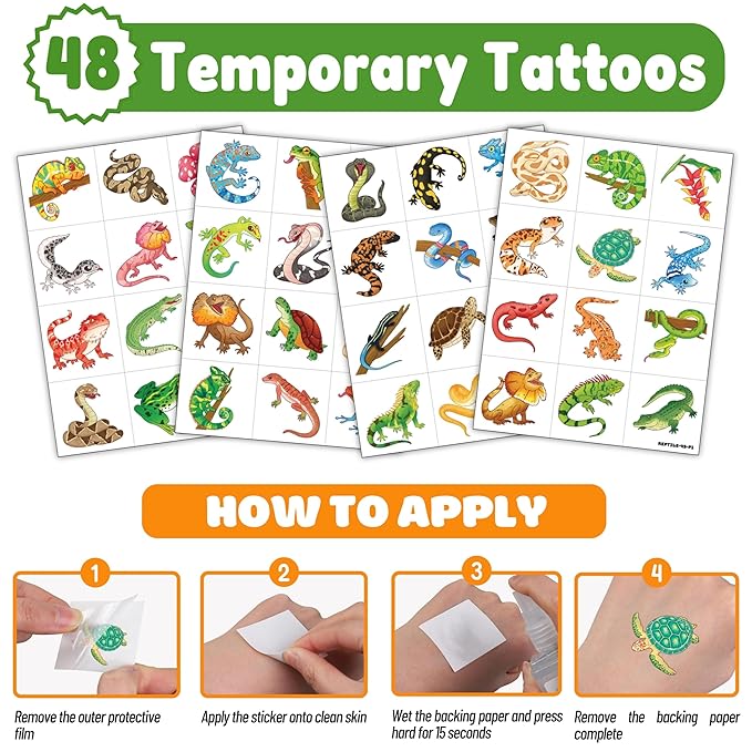 72 PCS Reptile Party Favors for Kids – 48 Pre-Cut Temporary Tattoos & 24 Reptile Punch Balloons Themed Birthday Party Decorations Supplies Favors Gifts, Goodie Bag Fillers, Classroom Rewards