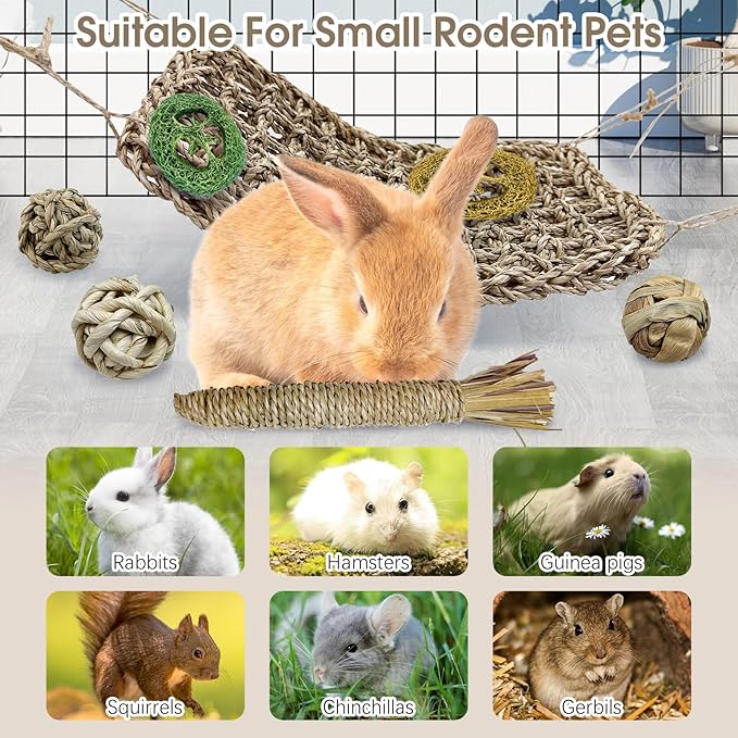 Hamiledyi Rabbit Seagrass Activity Mat Bunny Toy Hanging Rabbit Chew Toys for Teeth Enrichment Toys Seagrass Protector Mat Small Animal Toys for Chinchilla Guinea Pig Hamster Rat Rodent