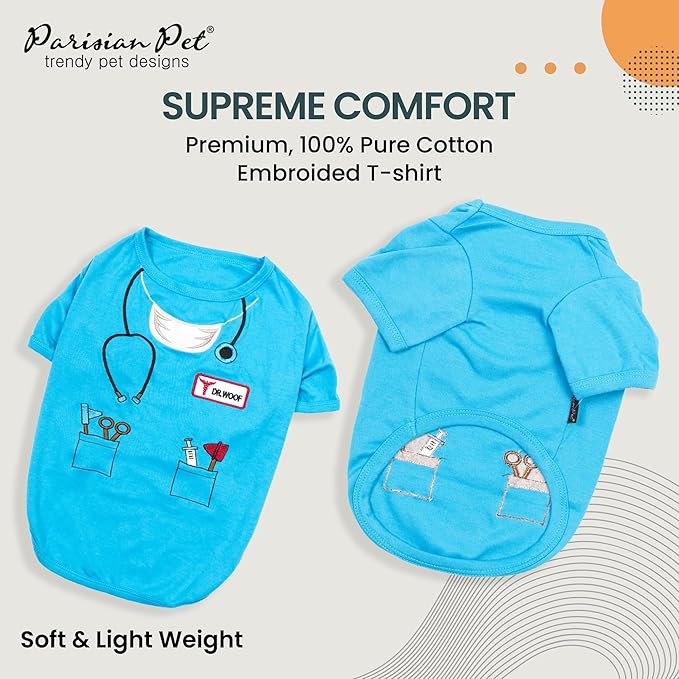 Parisian Pet Doctor Woof Dog Shirt - Embroidered Dog Pirate Costume - 100% Cotton & Polyester Doctor Outfit for Dog - Sleeved Dog Clothes - Blue Dog Shirts for Medium-Sized Dogs - Pet Costumes - M
