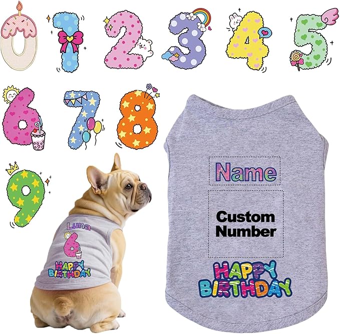 Custom Dog Birthday Shirt,Personalized Pet Apparel Print with Name Age Number,Pet Birthday Outfit,Lightweight Breathable Cotton Vest for Small Medium Large Dogs Cat (Grey, 5X-Large)