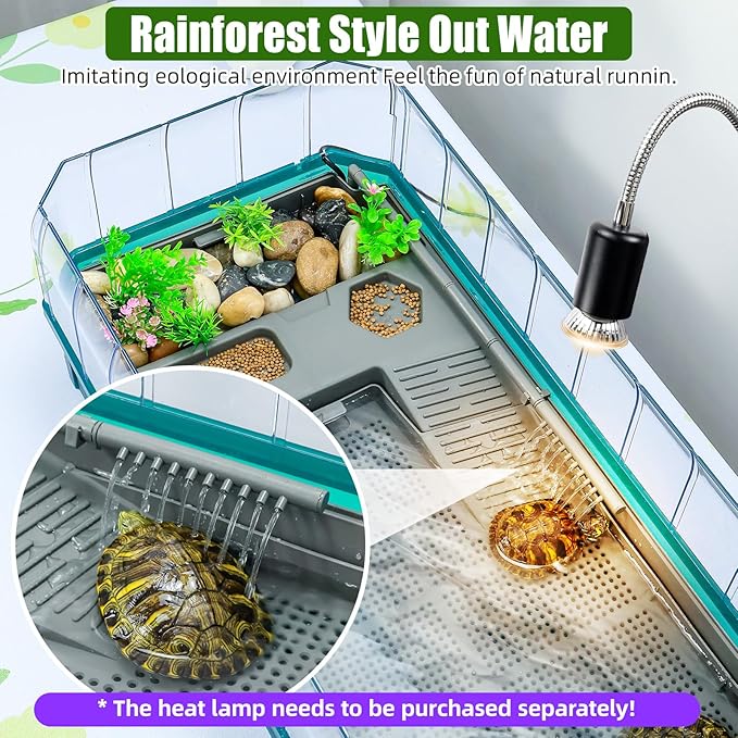 Turtle Habitat Spacious Turtle Tank Kit with Rain Shower Filter SPA & Easy Drain - Perfect for Baby Turtles, Red Eared Sliders Tortoises Green, 18.2×9.2×8 Inch