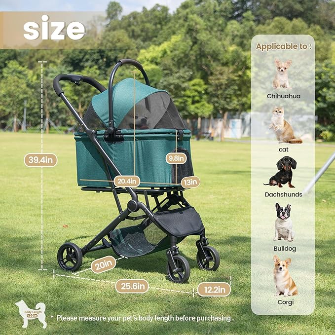 Wdyvko 3 in 1 Dog Stroller, Upgraded Frame, Up to 44lbs Pet Stroller with Dog Poop Bags & Dispenser, Zipperless Entry, Storage Basket & Pouch for Small Dogs Cats (Dark Green)