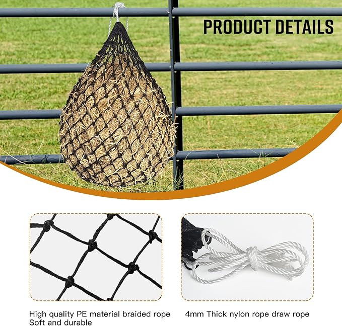 2 PCS Slow Feed Hay Net,36 Inch Length Hay Nets for Horses, Goats,Sheep,Donkey,Premium PE Material Hay Feeder Net Easy to Hang with Top Drawstring