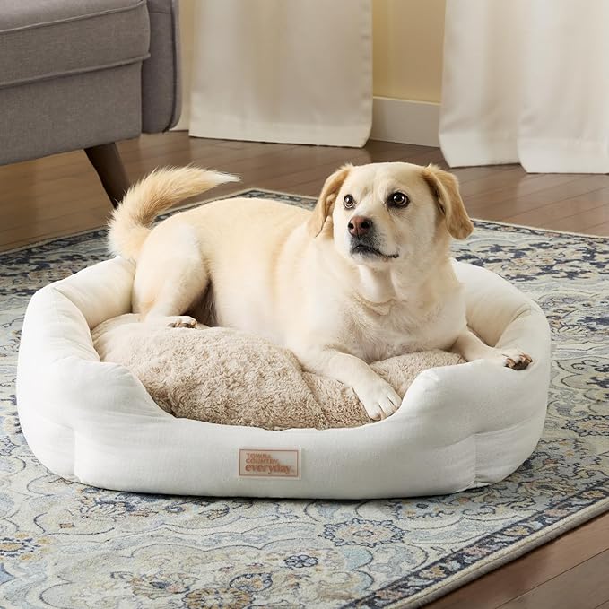 TOWN & COUNTRY EVERYDAY CuddleTown Faux Linen Comfy Cozy Cuddler Pet Bed, Supportive & Calming Egg Crate Foam, Non-Slip Bottom, Machine Washable Cover, Grey, Medium 28"x26"x8"