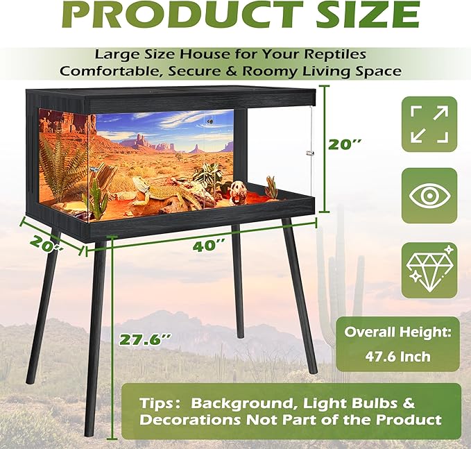 ROYXEN Bearded Dragon Tank with Leg Stand,Tempered Glass Reptile Tank with Metal Mesh Top, 3-Side Clear Anti-Scratch Glass Lizard Tank,Snake Tank for Reptile Habitat (Black, 62Gallons,40" Length)