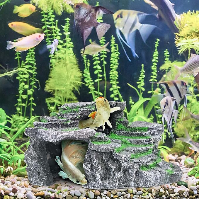 Turtle Basking Platform, Reptile Habitat Hideout, Decorative Resin for Aquarium & Terrarium, Including Artificial Plant and Cleaning Brush.(C-Medium-Black)