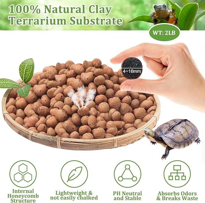 Riare 2LBS Expanded Clay Balls Terrarium Substrate for Reptiles - 100% Organic Lightweight Clay Pebbles Substrate Frogs False Bottom Substrate, Bioactive Terrarium Substrate for Drainage and Moisture