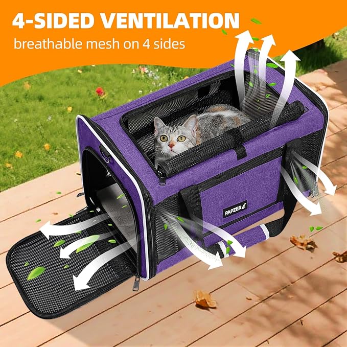 Cat Carrier Soft-Sided Travel Bag for Medium to Large Cats Over 15lbs, Small Dog Carrier Crate Top Entry Breathable Mesh Puppy 12 Pounds, Pet Rabbit Carrying Cage Kennel Collapsible Purple