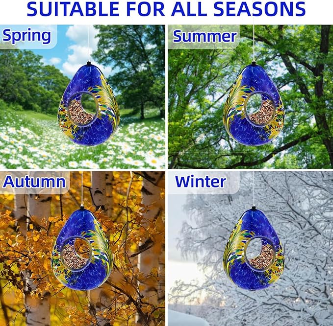 VOREEN Glass Bird Feeder, Fly Through Bird Feeders for Outdoor Hanging, Handmade Glass Wild Bird Feeder, for Garden, Yard, Backyard, Deck and Porch Decor, Gift for Mom Wife Friend, Blue Teardrop