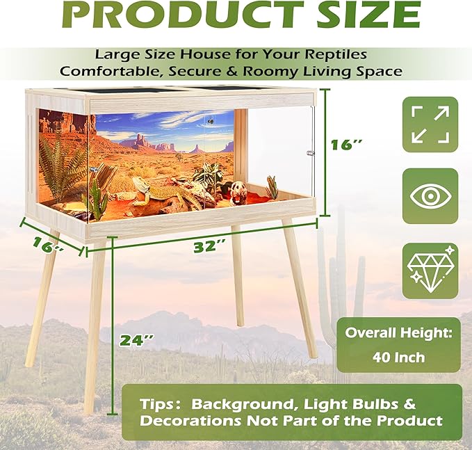 ROYXEN Bearded Dragon Tank with Leg Stand,Tempered Glass Reptile Tank with Metal Mesh Top, 3-Side Clear Anti-Scratch Glass Lizard Tank,Snake Tank for Reptile Habitat