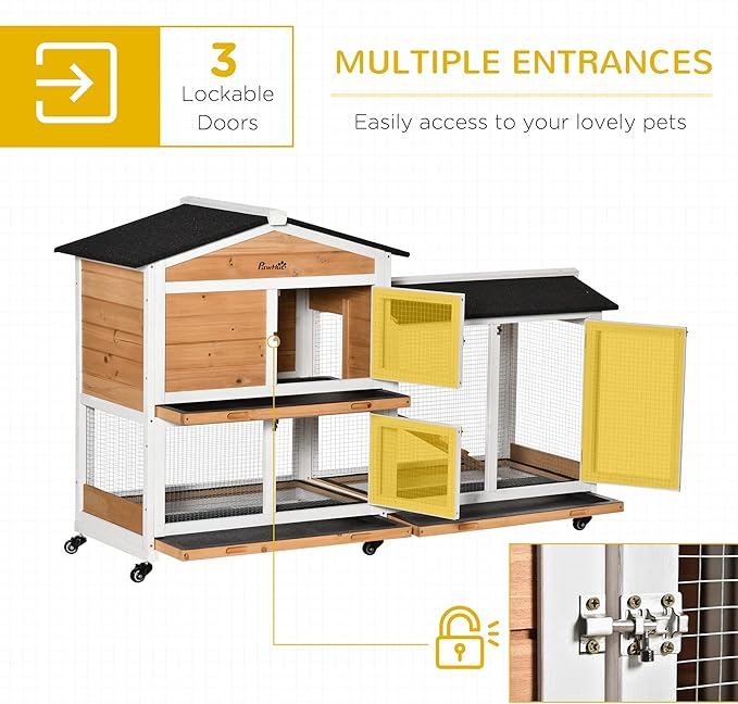 PawHut 62" Rabbit Hutch, Wooden Bunny Hutch, Guinea Pig Cage, Small Animal Enclosure with Wheels, Run Area, Removable Tray, Asphalt Roof, Lockable Doors and Ramp, for Rabbits, Chickens, Ducks, Nature