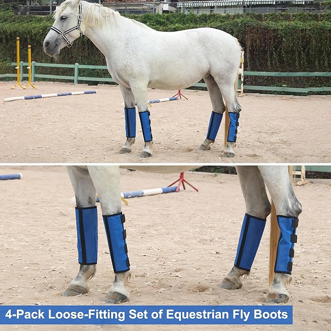 Horse Fly Boots Set of 4 - Non-Slip Leg Guards Extra Tough Mesh Ventilated, Adjustable Horse Fly Leggings Reduce Stomping & Hoof Stress & Leg Fatigue RoyalBlue Small