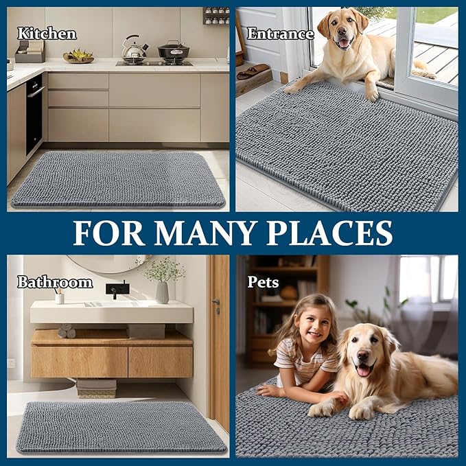 OLANLY Dog Door Mat Set 4-Piece 30x20, Absorbs Moisture and Dirt, Absorbent Non-Slip Washable Doormat, Quick Dry Chenille Mud Mat for Dogs, Entry Indoor Entryway Carpet for Inside Floor, Grey