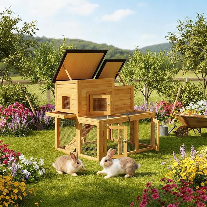 Outdoor Bunny Cage 2-Tier Rabbit Hutch & Chicken Coop with Wire Run, Wooden Poultry House with Pull-Out Tray, Waterproof Rabbit Hutch for Outside (Yellow)